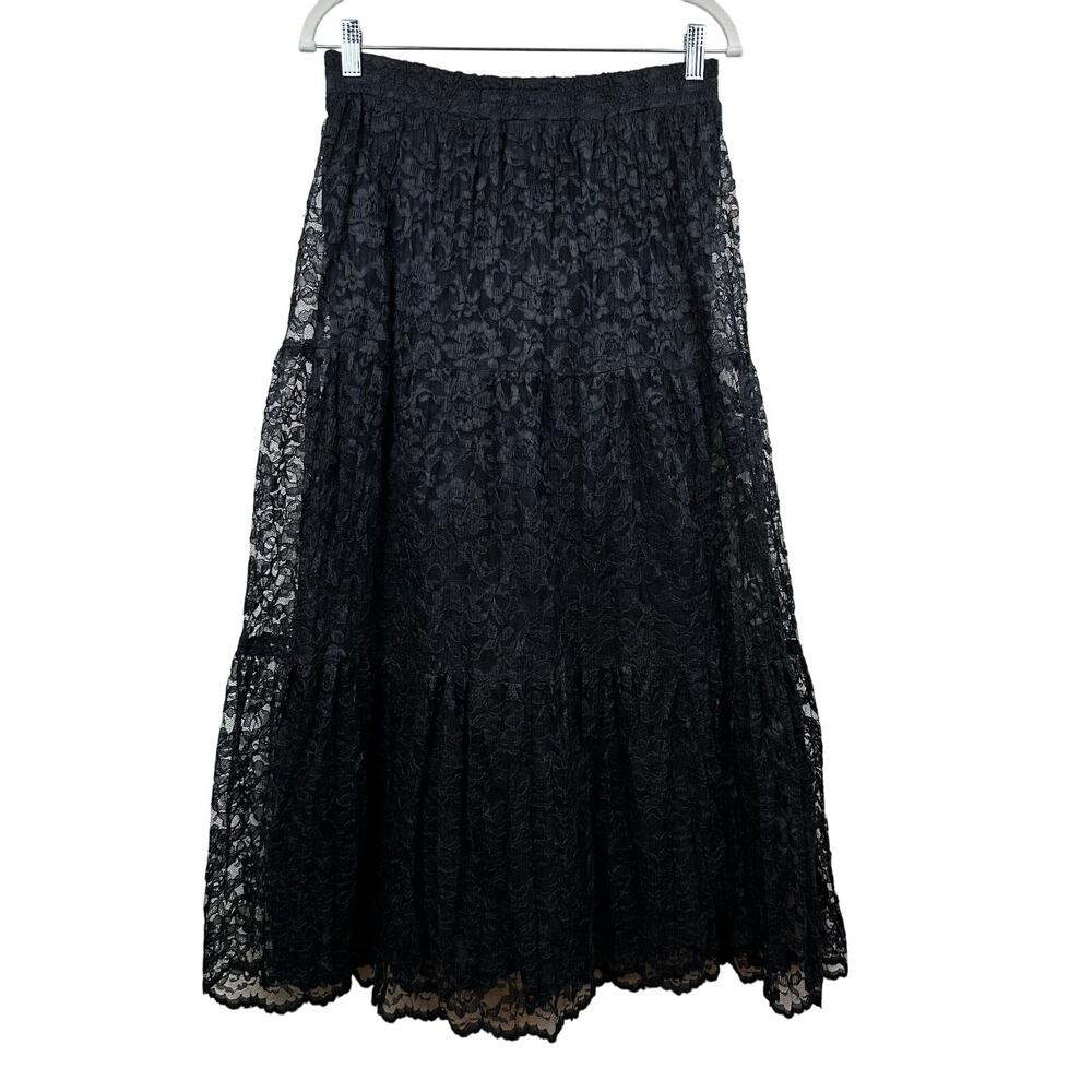 Vintage Sunny Sport Lace Maxi Skirt Black 10 Tiered Dark Fairy Whimsigoth Grunge